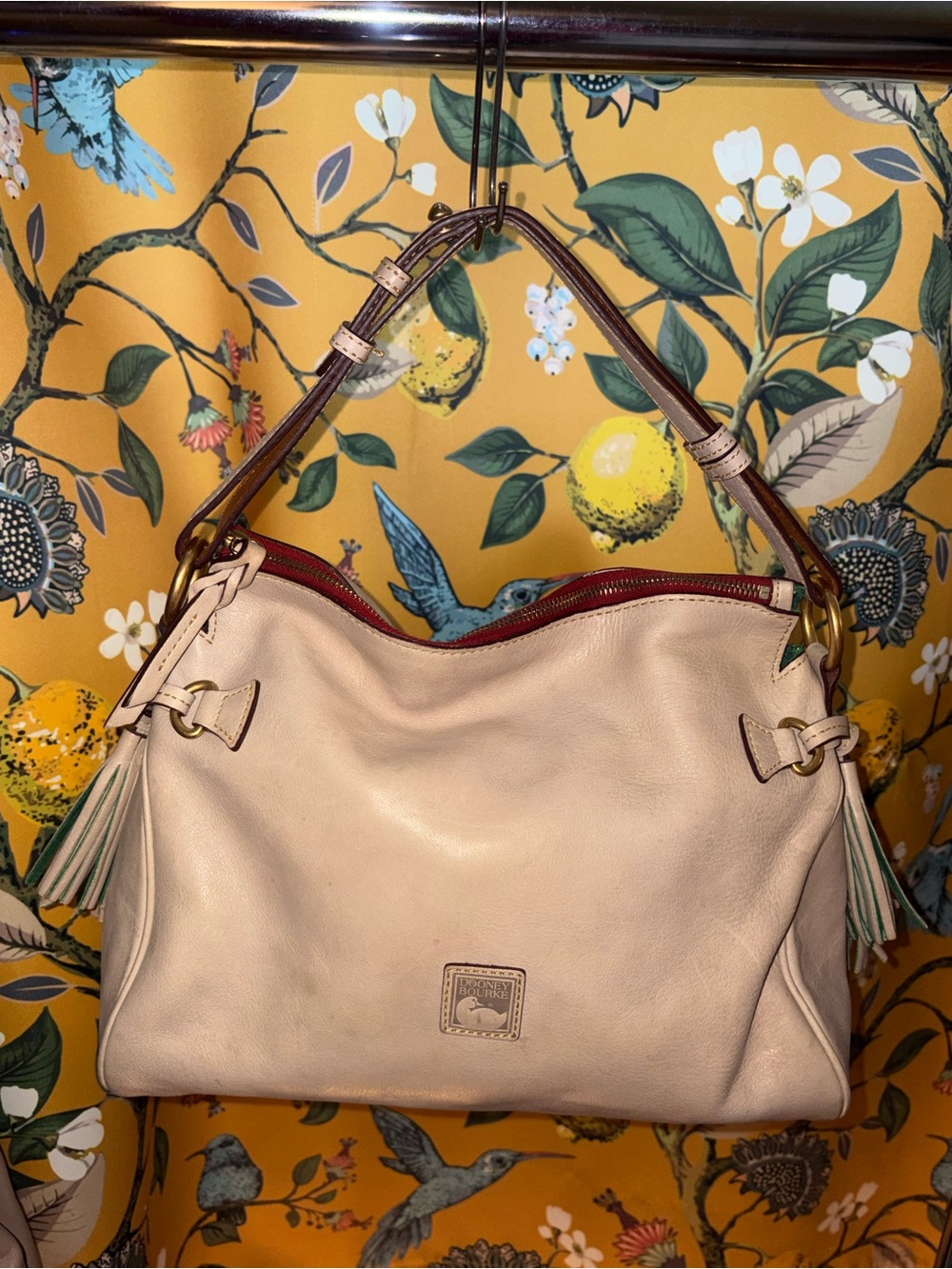 Dooney & Bourke Oyster Florentine Leather Hobo Bag with Tassel